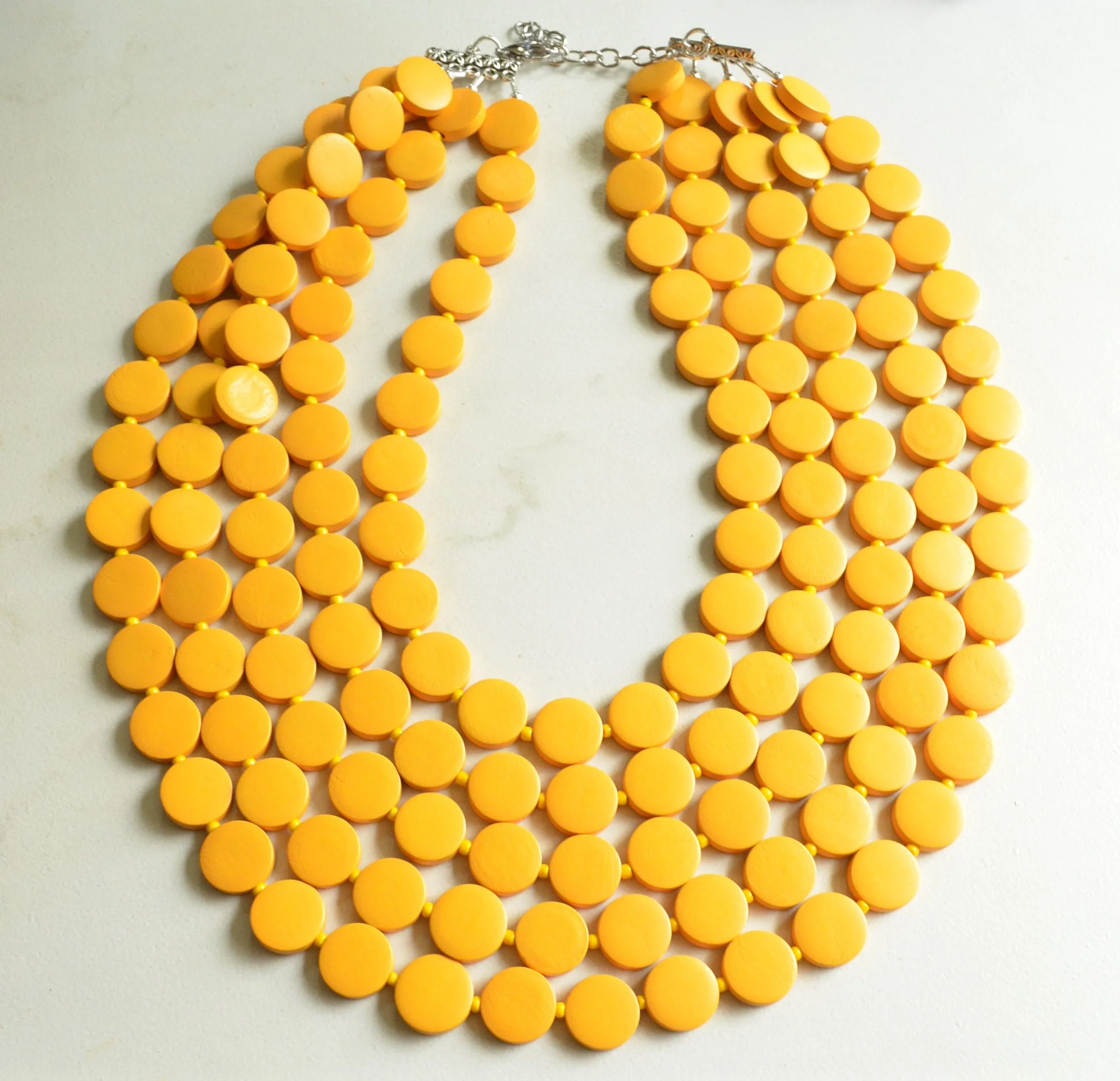 Yellow Beaded Wood Chunky Multi Strand Statement Necklace - Charlotte