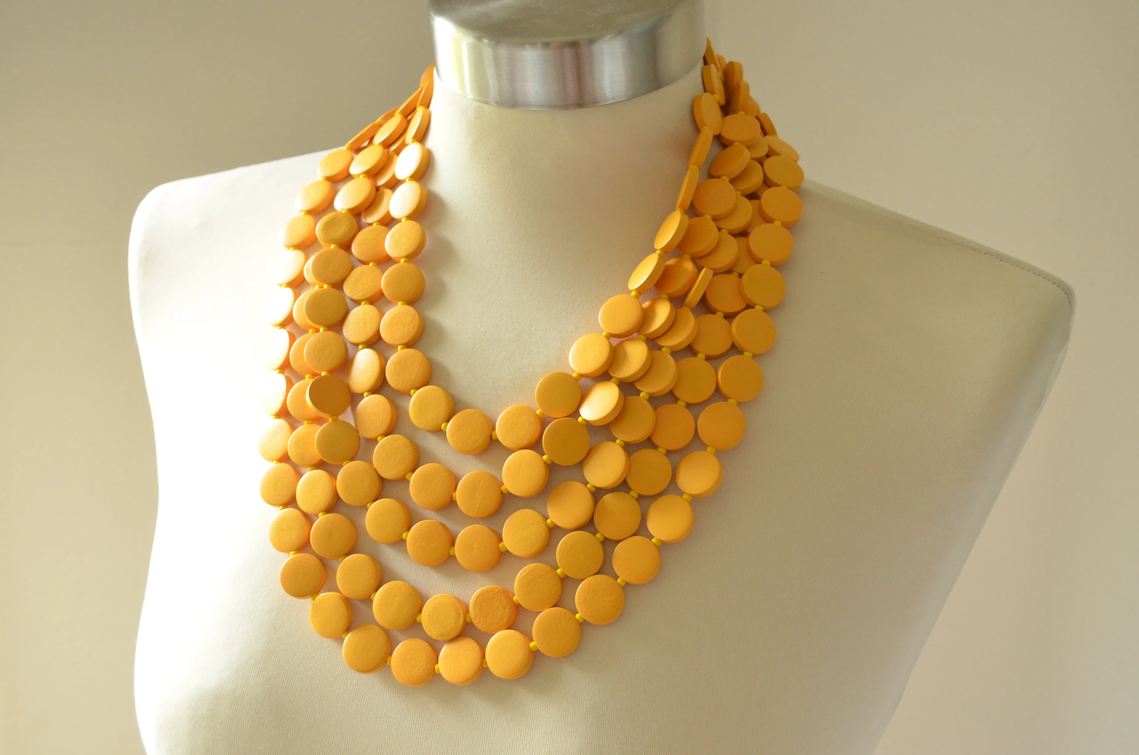 Yellow Beaded Wood Chunky Multi Strand Statement Necklace - Charlotte